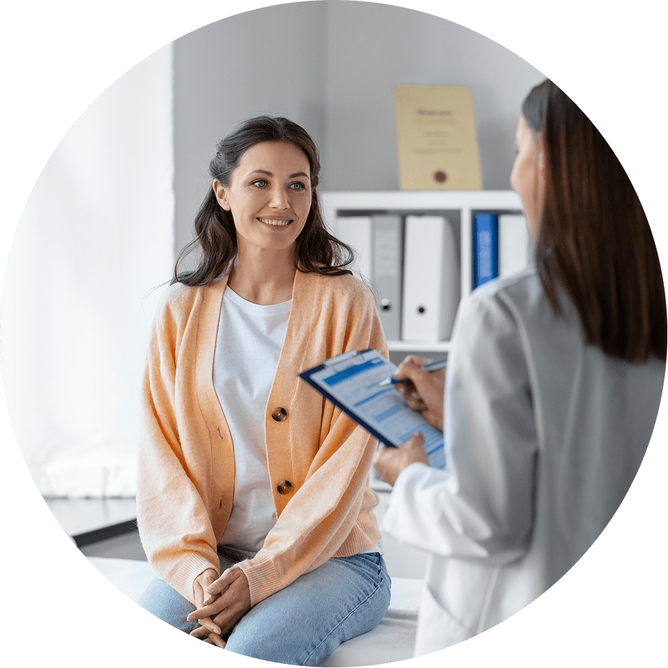 Women in doctors office getting ready for appointment.